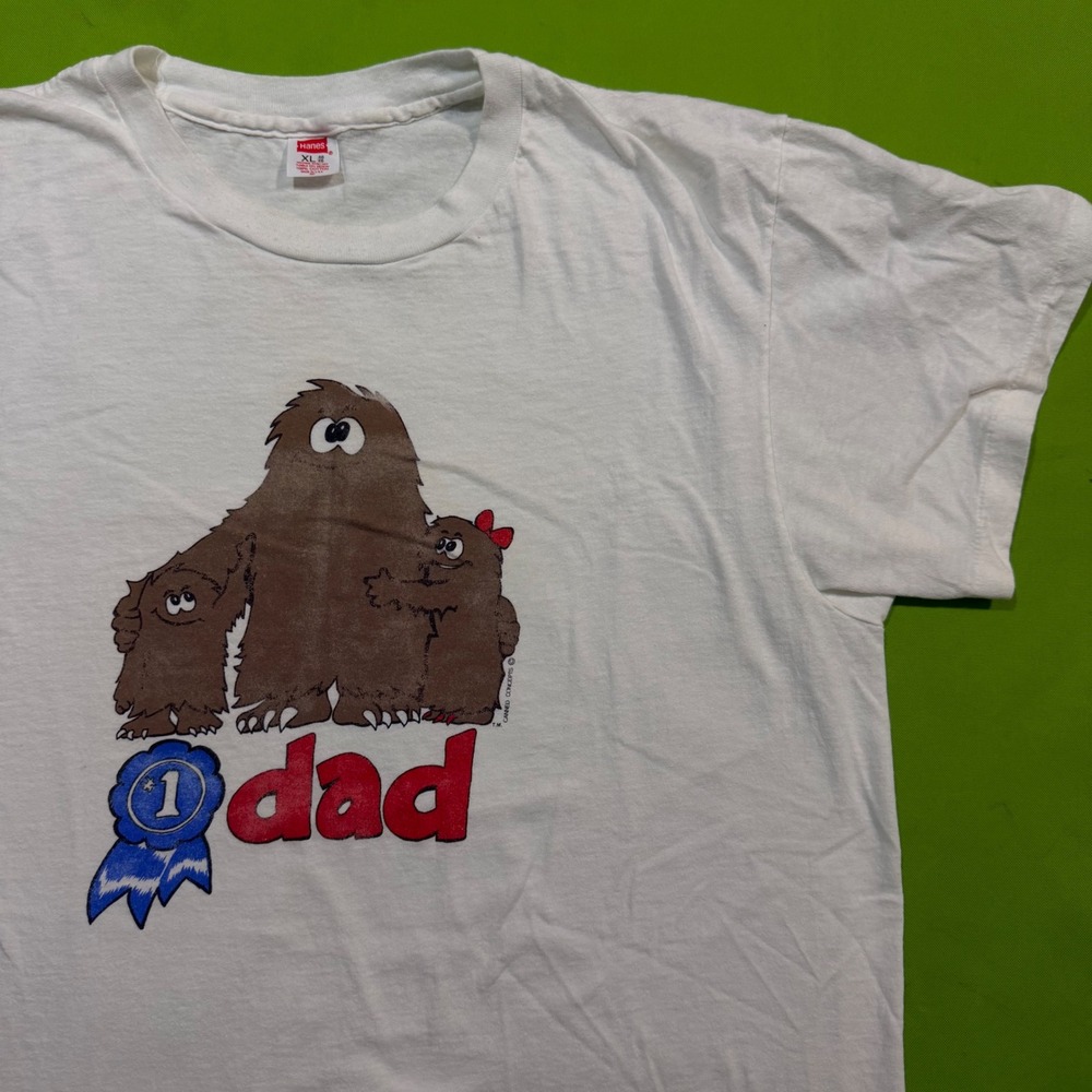 Large Vintage Hanes Number 1 Dad Bigfoot Sasquatch Shirt White Made in USA 80s